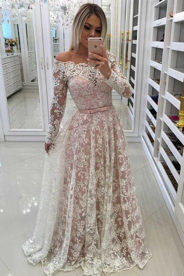 A Line Long Sleeve Off The Shoulder Prom Dress with Lace Appliques JTA5351