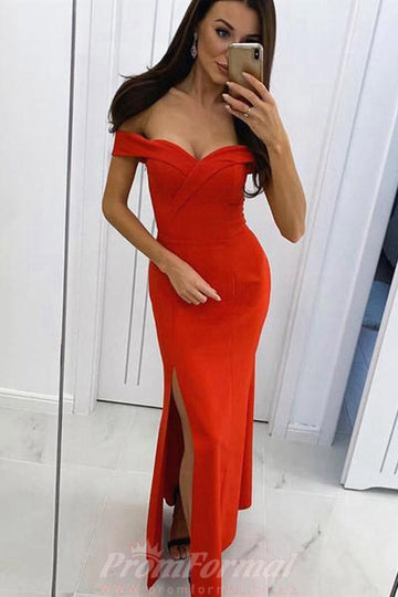 Off the Shoulder Burgundy Satin Long Prom Dress With Slit JTA5411