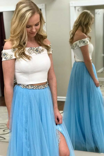 Two Piece Off the Shoulder White and Blue Long Prom Dress with Side Slit JTA5421