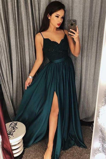 Sexy Dark Green V Neck Lace Evening Dress Slit Side JTA5481