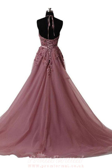 Junior Halter Lace Applique Prom Dress JTA5501