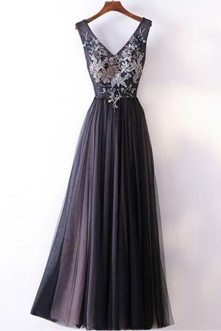 Straps V Neck A Line Embroidery Black Prom Dress JTA5541
