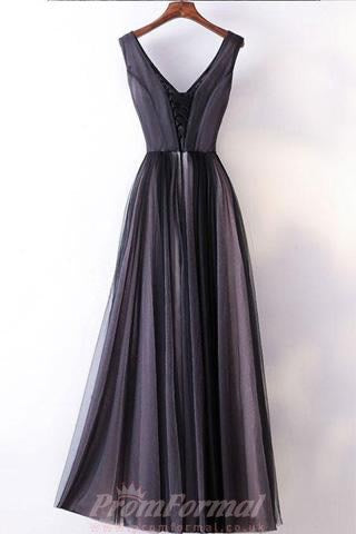 Straps V Neck A Line Embroidery Black Prom Dress JTA5541