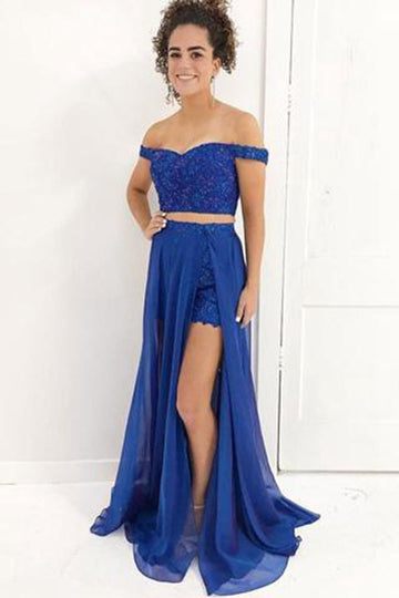 Detachable Two Pieces Royal Blue Lace Off The Shoulder Prom Dress JTA5571