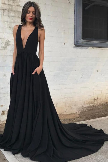 Black Chiffon Sexy V Neck A line Evening Dress JTA5591