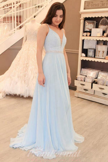 V Neck Light Sky Blue Long Prom Dress JTA5711