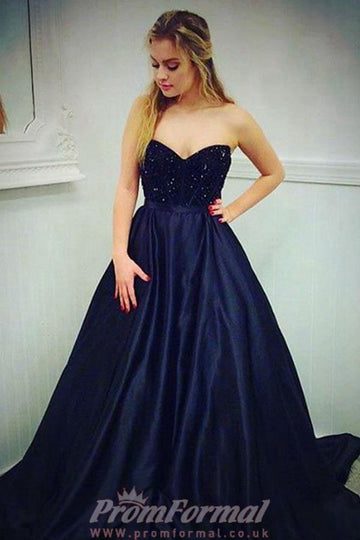 A Line Sweetheart Navy Blue Satin Prom Dress with Beading JTA5731