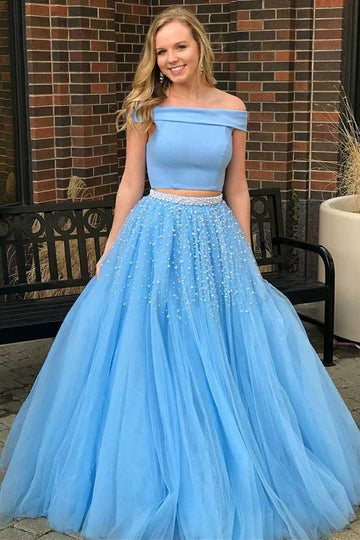 Two Piece Blue Tulle Prom Dress with Beading JTA5871