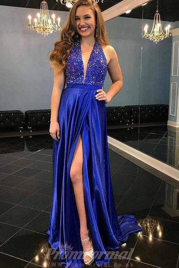 A Line Sexy V Neck Royal Blue Satin Split Prom Dress JTA5881