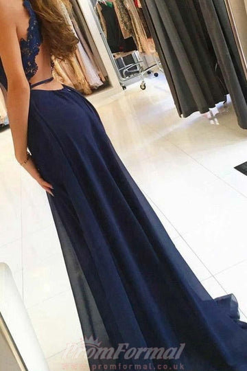 A Line Navy Blue Chiffon Prom Dress with Lace Split JTA5911