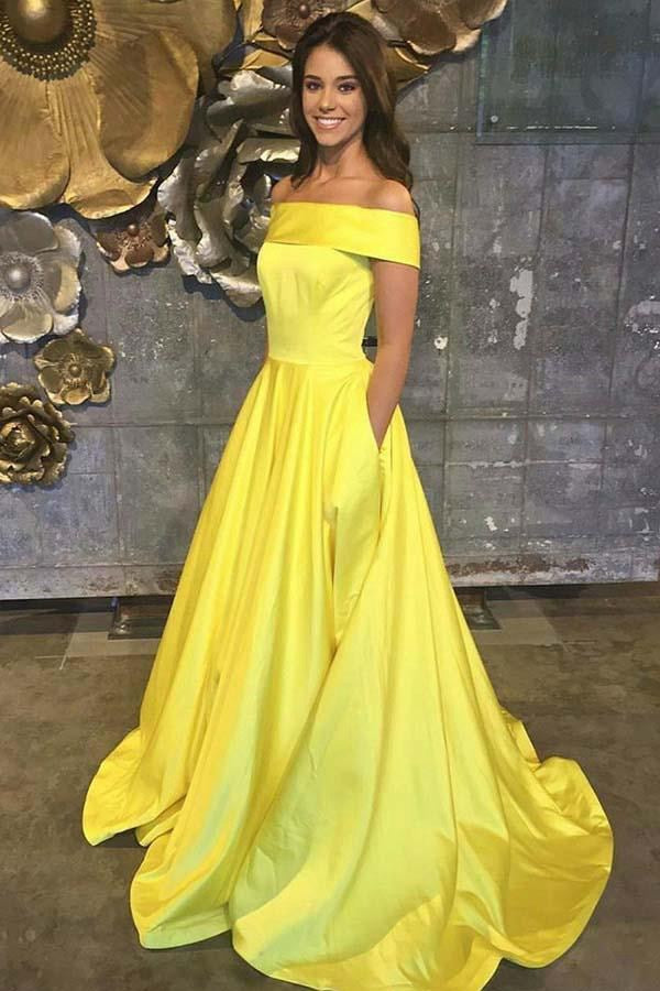 Off The Shoulder Yellow Satin Prom Dress with Pockets JTA5941