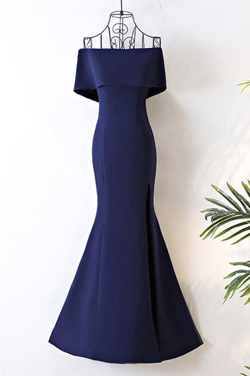 Off The Shoulder Navy Blue Satin Mermaid Prom Dress JTA6131