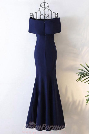 Off The Shoulder Navy Blue Satin Mermaid Prom Dress JTA6131