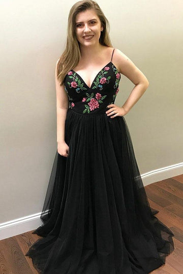 A Line Spaghetti Straps V Neck Tulle Black Prom Dress JTA6221