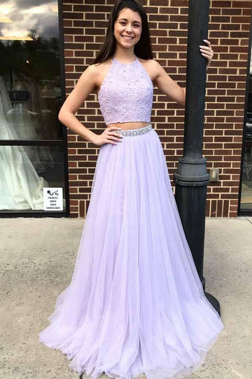 Two Piece Halter Lavender Prom Dress With Beading JTA6251