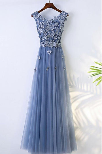 A Line Dusty Blue Flowy Prom Dress Long With Flower Petals JTA6311