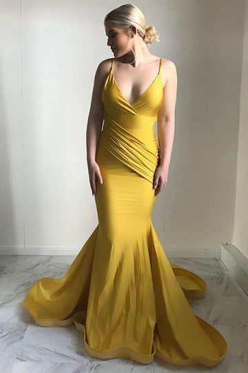 Mermaid Spaghetti Straps Ruched Yellow Satin Evening Dress JTA6361