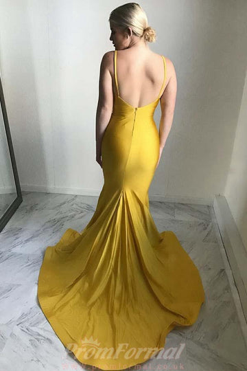 Mermaid Spaghetti Straps Ruched Yellow Satin Evening Dress JTA6361