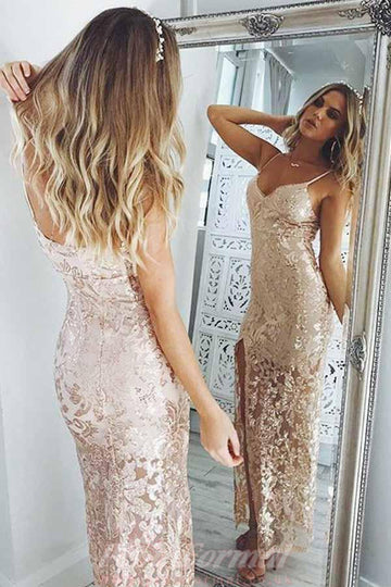 Sexy Mermaid Pearl Pink Sequined Split Evening Dress JTA6431