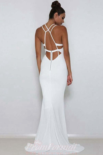 Sexy Mermaid Deep V Neck White Satin Prom Dress JTA6491