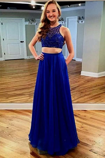 Two Piece Royal Blue Chiffon Lace Prom Dress with Pockets JTA6501