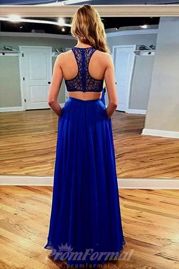 Two Piece Royal Blue Chiffon Lace Prom Dress with Pockets JTA6501