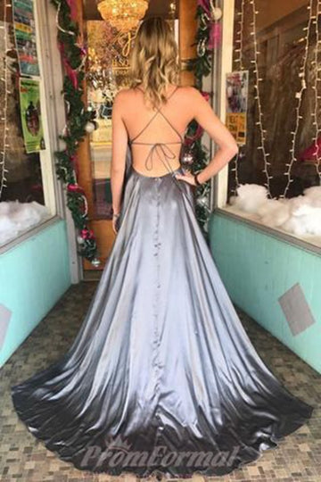 Straps Silver Grey Satin Prom Dress JTA6531