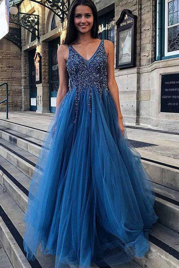 A Line Ink Blue V Neck Tulle Prom Dress with Appliques JTA6551