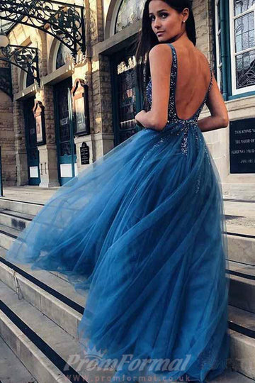 A Line Ink Blue V Neck Tulle Prom Dress with Appliques JTA6551