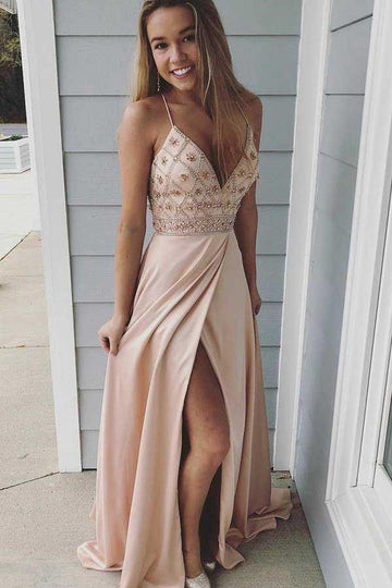 A Line Spaghetti Straps Pink Elastic Satin Prom Dress with Beading JTA6701