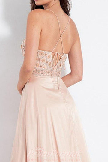 A Line Spaghetti Straps Pink Elastic Satin Prom Dress with Beading JTA6701
