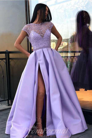 Lavender Purple Satin Split Beading Prom Dress JTA6721