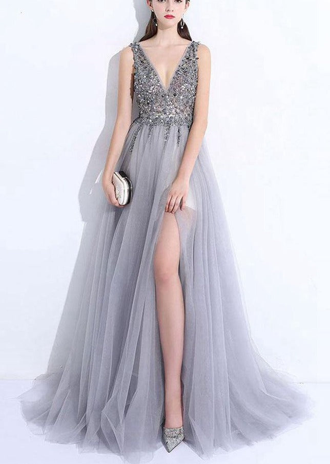 Sexy Silver Gray V Neck Tulle Split Beading Evening Dress JTA6741
