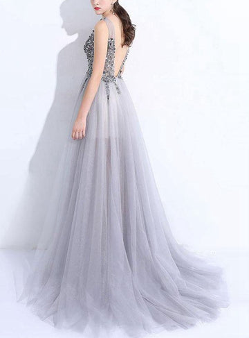 Sexy Silver Gray V Neck Tulle Split Beading Evening Dress JTA6741
