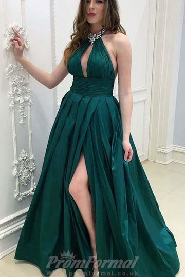 A Line Halter Dark Green Prom Dress With Beading JTA6751