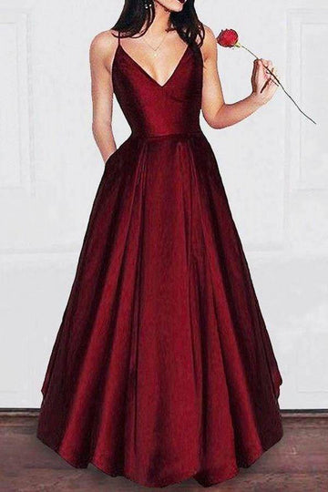 A Line V Neck Spaghetti Strap Burgundy Prom Dress JTA6791