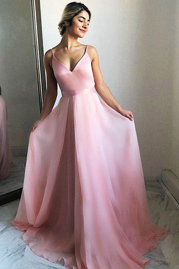 A Line V Neck Pink Chiffon Prom Dress JTA6821