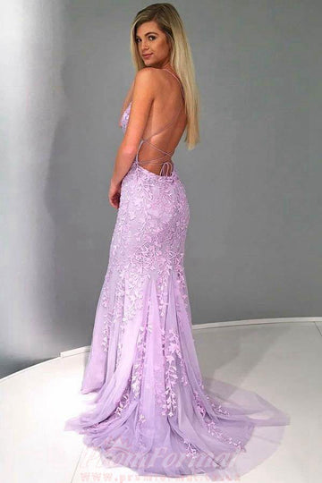 Mermaid Spaghetti Straps Lilac Lace Prom Evening Dress with Appliques JTA6831