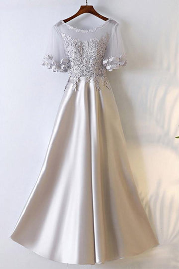 A Line Illusion Silver Satin Long Party Dress JTA6891