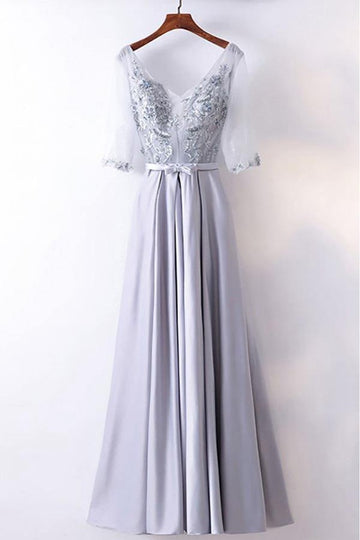Silver Satin V Neck Sleeves Prom Dress JTA6911