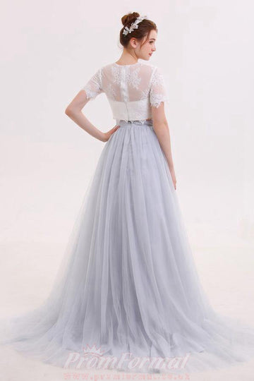 Two Piece V Neck Tulle Grey Prom Dress JTA6921