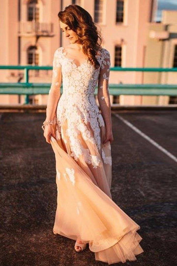 A Line Long Sleeves Champagne Tulle Lace Prom Dress with Appliques JTA6931