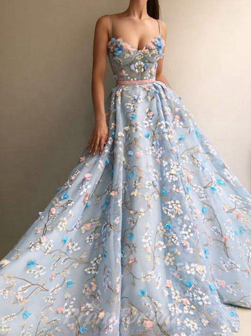 Princess Spaghetti Strap Flower Applique Sky Blue Prom Dress JTA6941