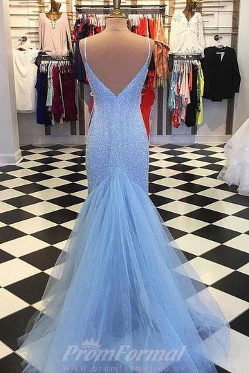 Straps Light Blue Mermaid Beaded Prom Dress JTA6951