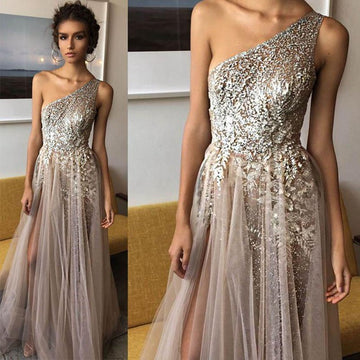 Dusty Pink One Shoulder A Line Sequin Side Split Prom Dress JTA7071