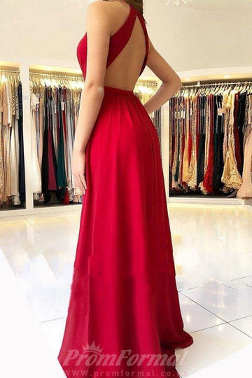 Chiffon Red Halter Side Slit Evening  Dress JTA7081