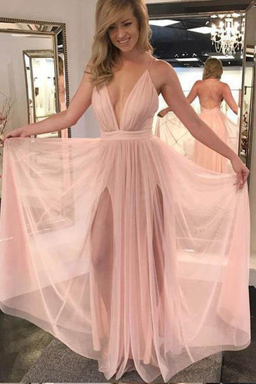 A Line V Neck Chiffon Slit Pink Long Prom Dress JTA7101