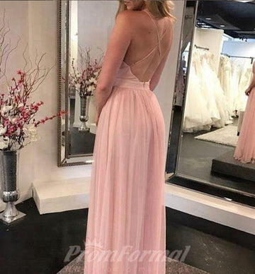 A Line V Neck Chiffon Slit Pink Long Prom Dress JTA7101