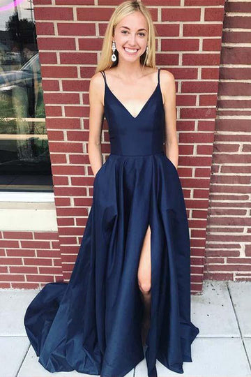 Straps Navy Blue Satin Prom Dress with Side Split JTA7111