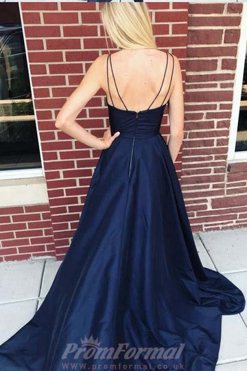Straps Navy Blue Satin Prom Dress with Side Split JTA7111